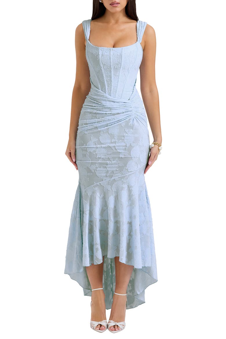 Cesca Floral Ruched High-Low Corset Dress, Main, color, SKYRIDE