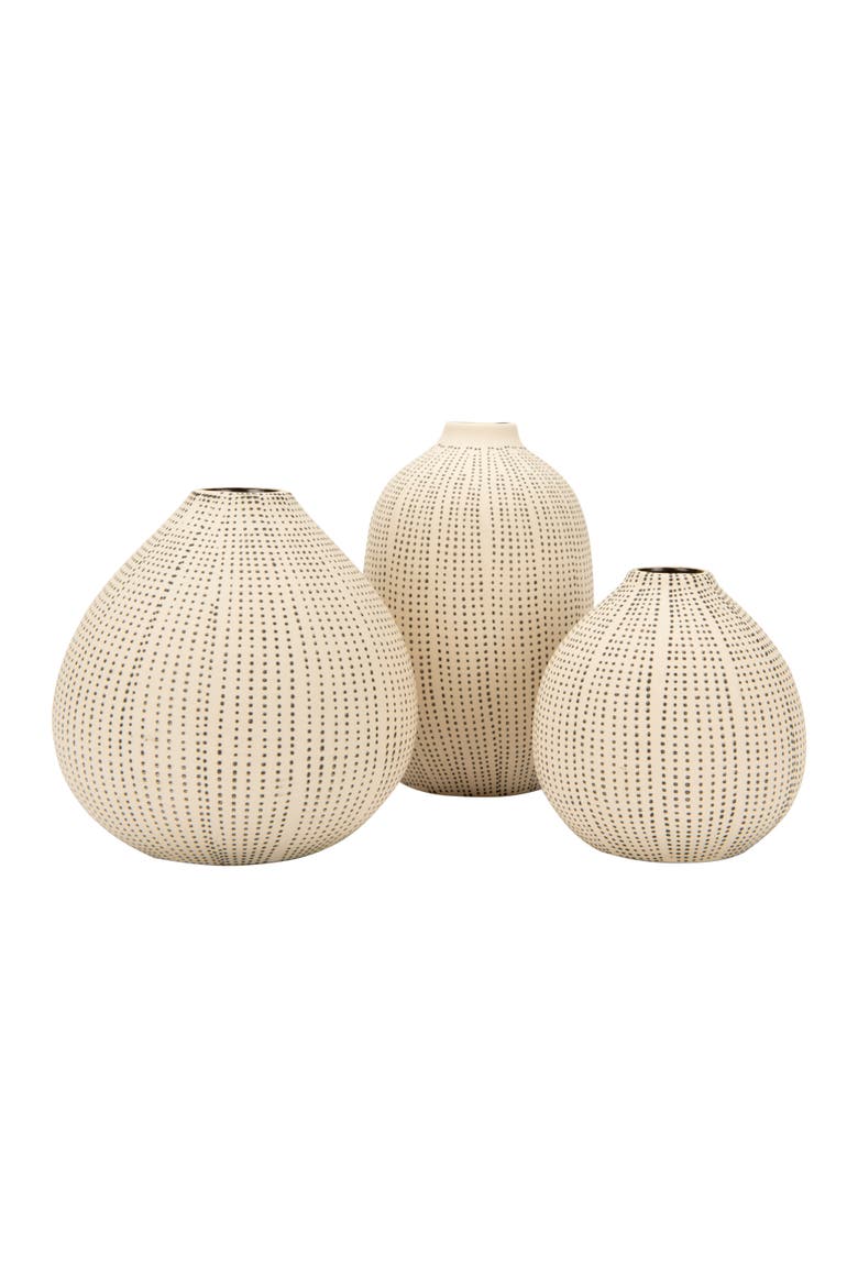 Round Stoneware Vases with Polka Dot Finish, White and Black, Set of 3, Main, color, Black