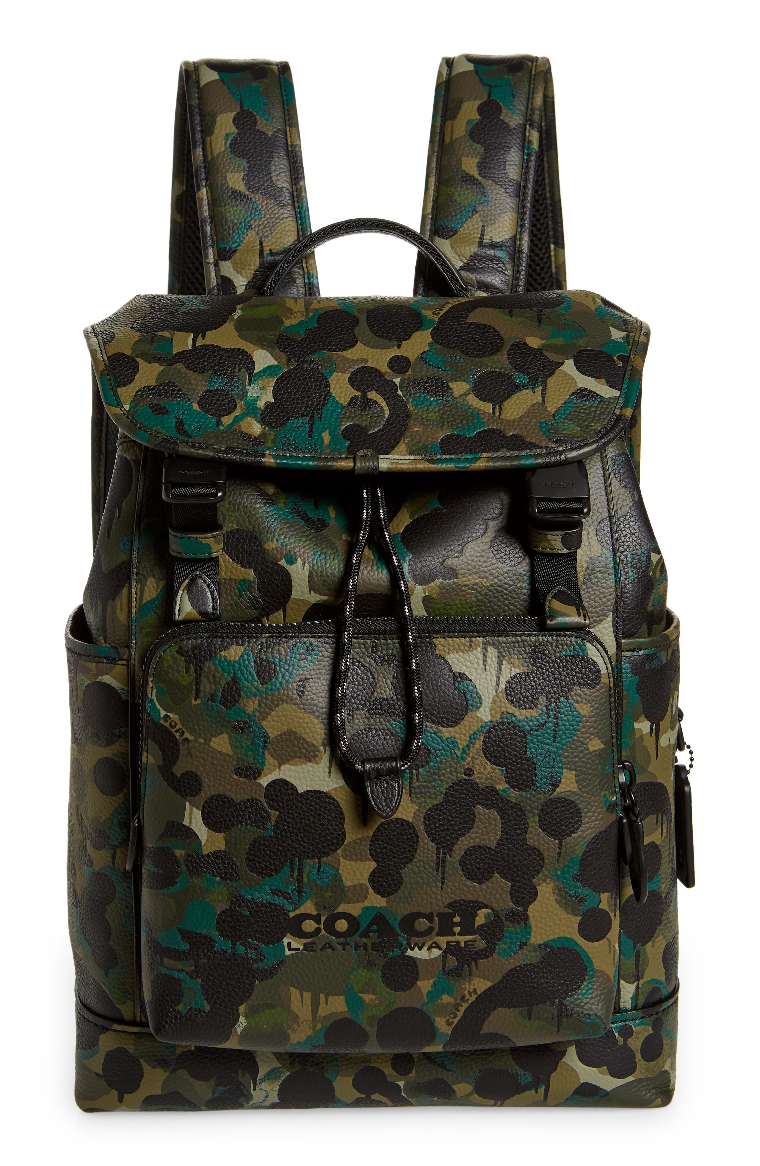 COACH League Camo Print Leather Backpack, Main, color, 
