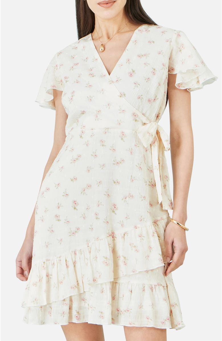 Yumi Rose Print Wrap Over Frill Dress, Alternate, color, White