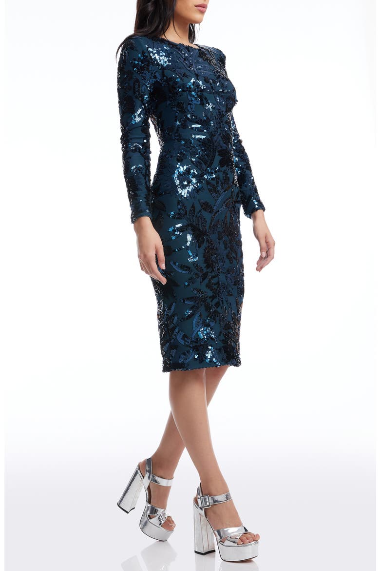 Emmalyn Floral Sequin Long Sleeve Body-Con Cocktail Dress, Alternate, color, DEEP TEAL
