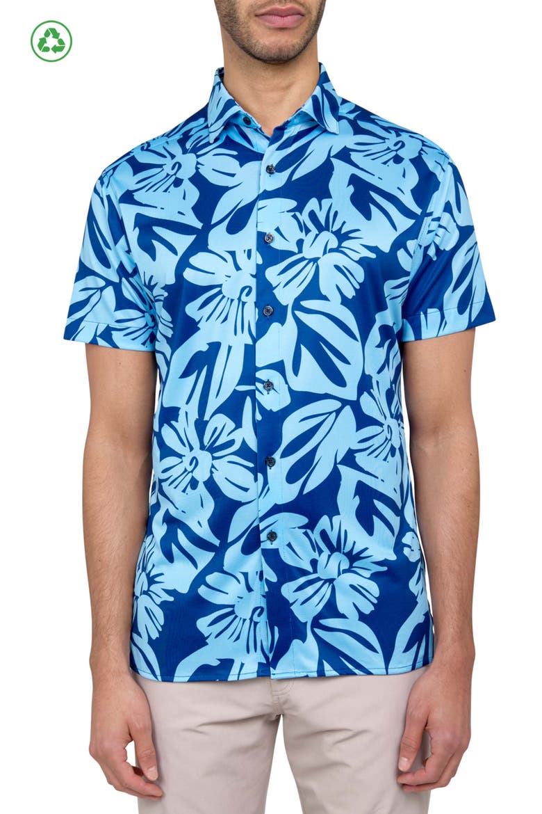 Regular Fit Exploded Floral Print Recycled Performance Golf Button-Down Shirt, Main, color, LIGHT BLUE/NAVY