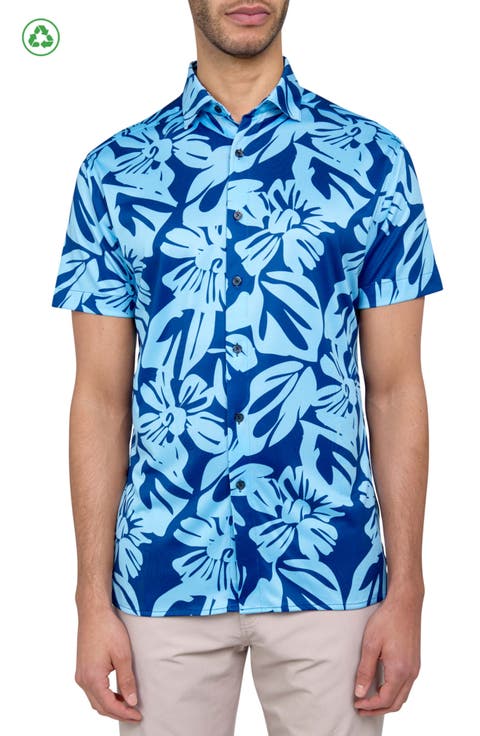 Regular Fit Exploded Floral Print Recycled Performance Golf Button-Down Shirt