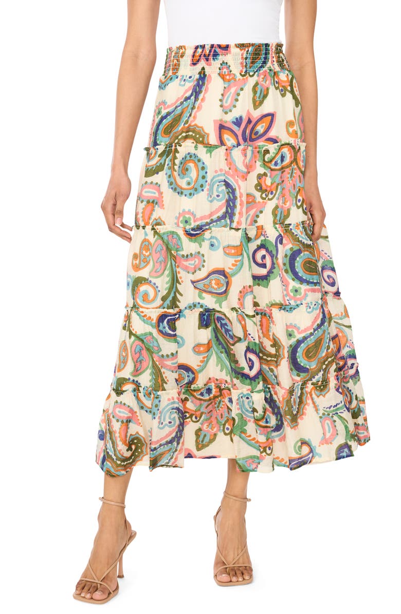 Vince Camuto Paisley Tiered Maxi Skirt, Main, color, Taffy Pink