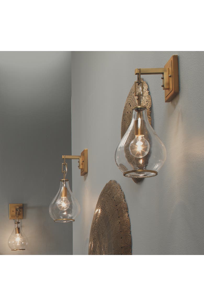 Tear Drop Hanging Wall Sconce, Clear Glass and Antique Brass, Alternate, color, Antique Brass