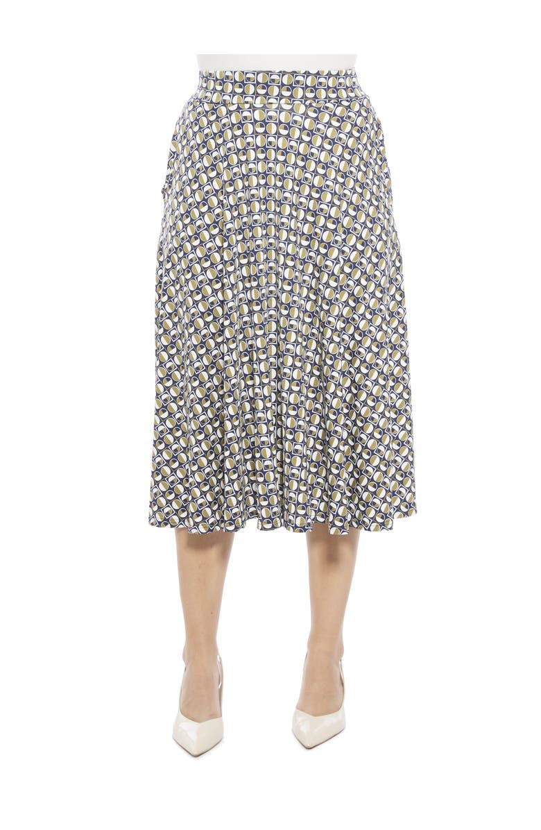 24seven Comfort Apparel Womens Geometric Elastic Waist Pocket A-Line Midi Skirt, Main, color, Green Multi