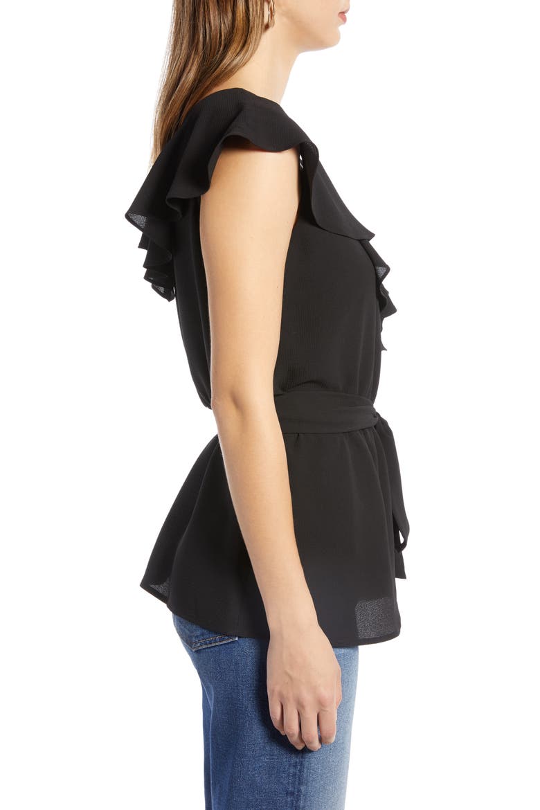Ruffled Tie Waist Top, Alternate, color, BLACK