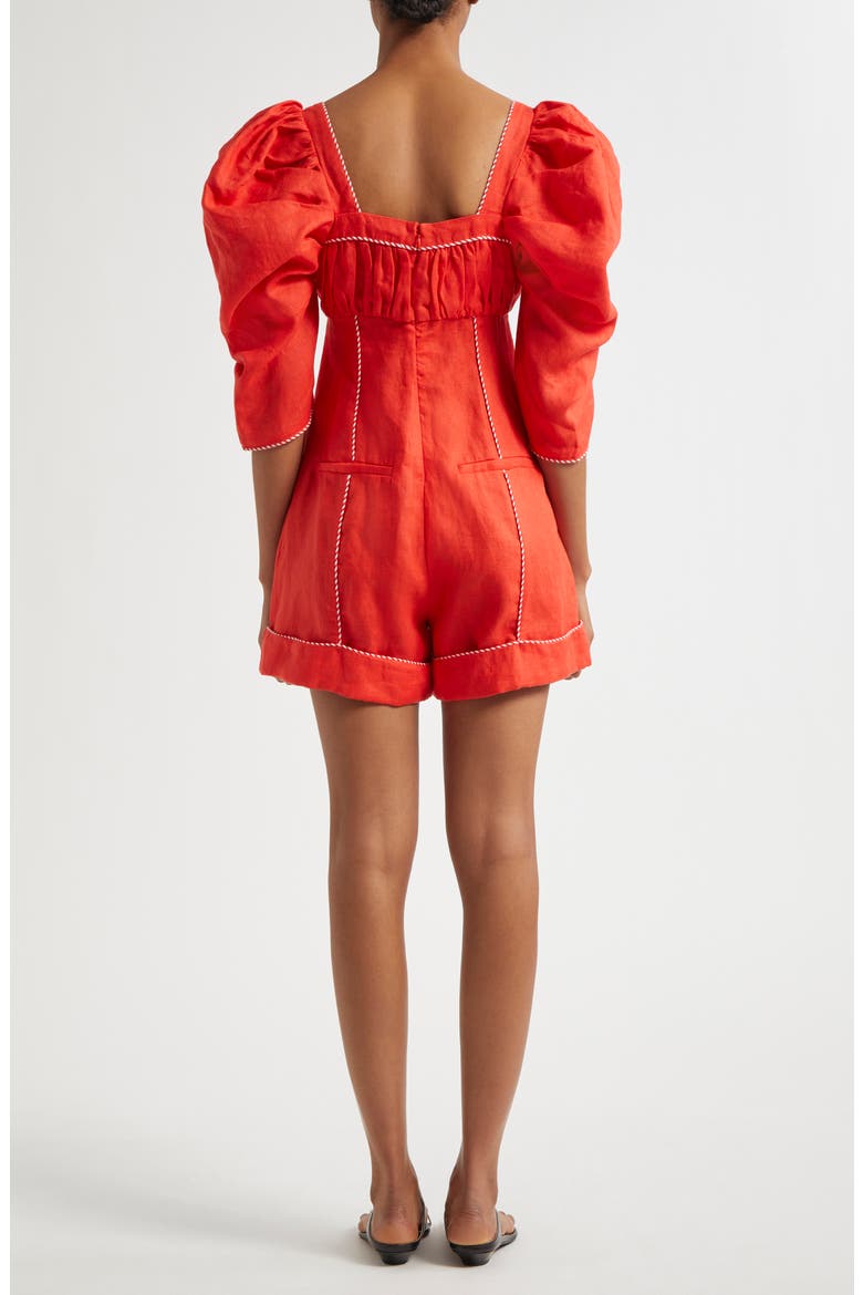 Puff Sleeve Linen Romper, Alternate, color, DARK RED