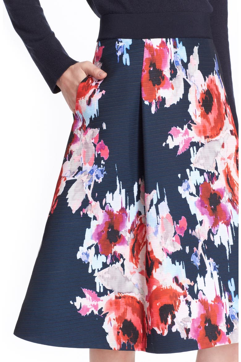 'hazy floral' print midi skirt, Alternate, color, INK MULTI