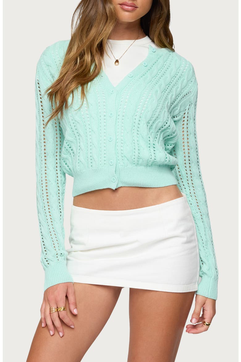 Haisley Cotton Cable Knit Crop Cardigan, Main, color, AQUA