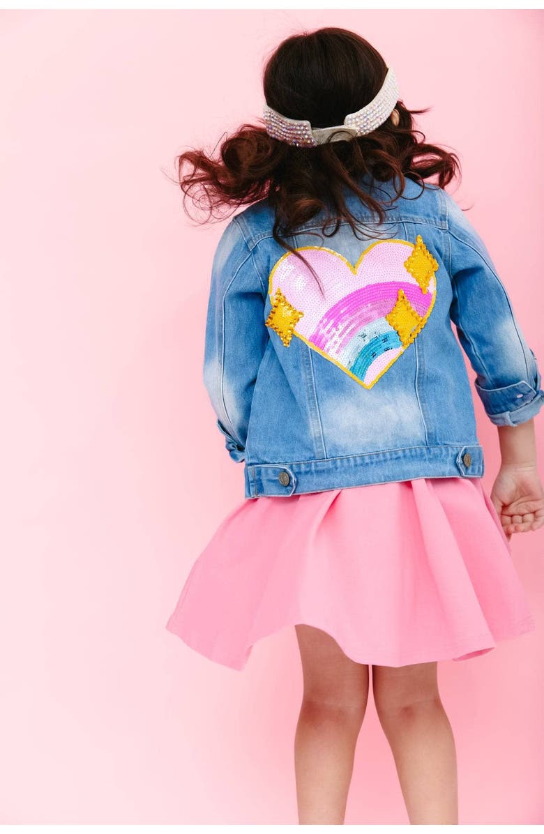 Lola + The Boys Sparkle Rainbow Heart Denim Jacket, Alternate, color, 