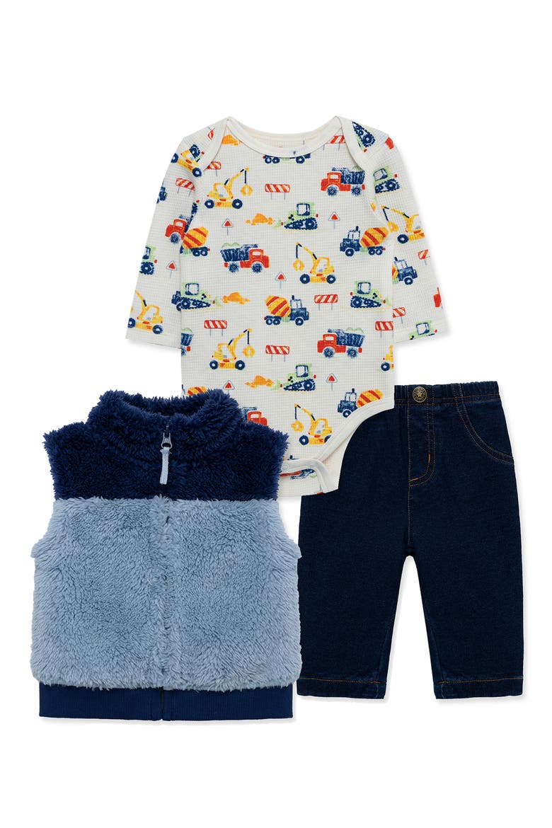 Trucks Long Sleeve Bodysuit, High Pile Fleece Vest & Jeans Set, Main, color, BLUE