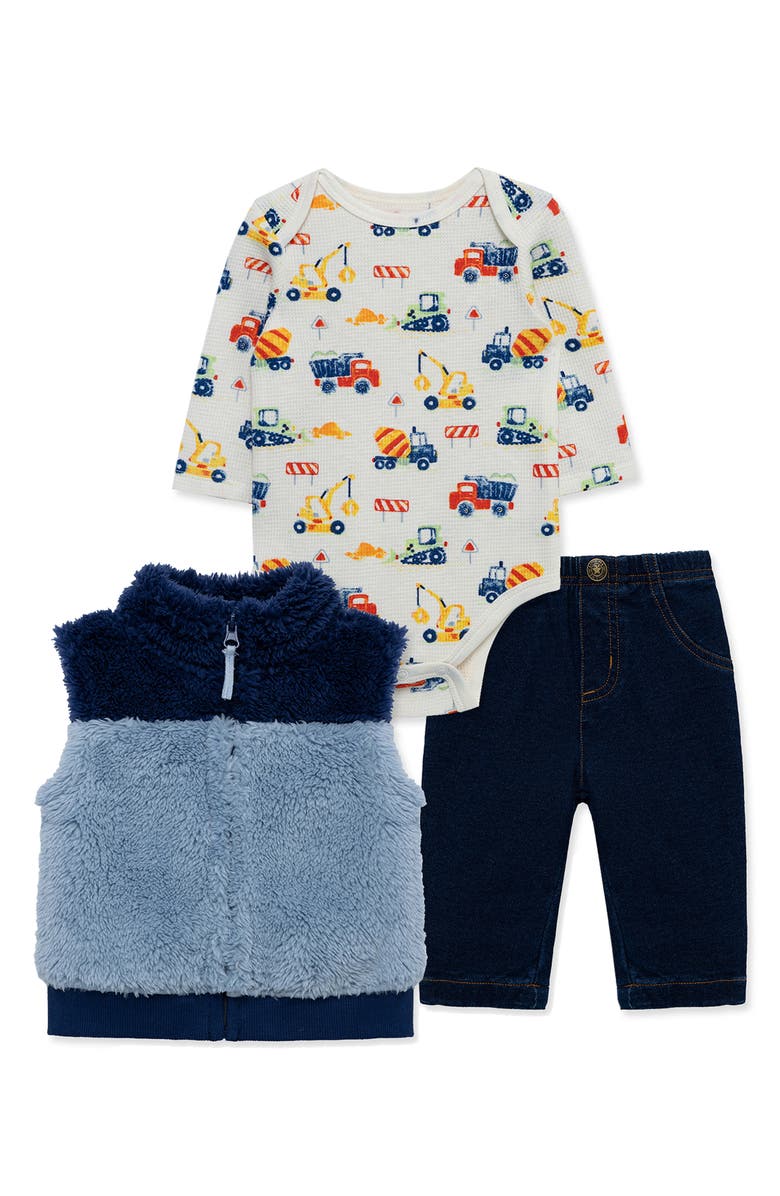 Little Me Trucks Long Sleeve Bodysuit, High Pile Fleece Vest & Jeans Set, Main, color,