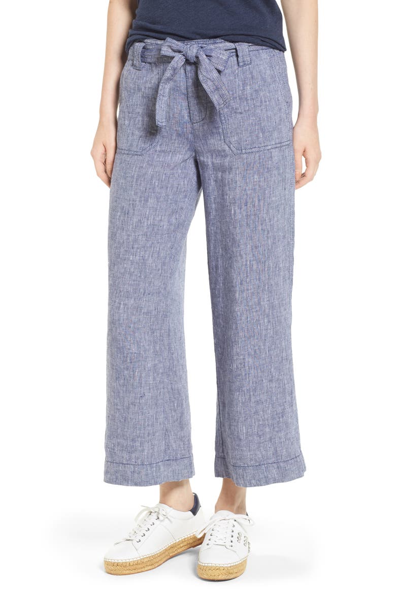 Wide Leg Crop Linen Pants, Main, color, NAVY CROSSDYE