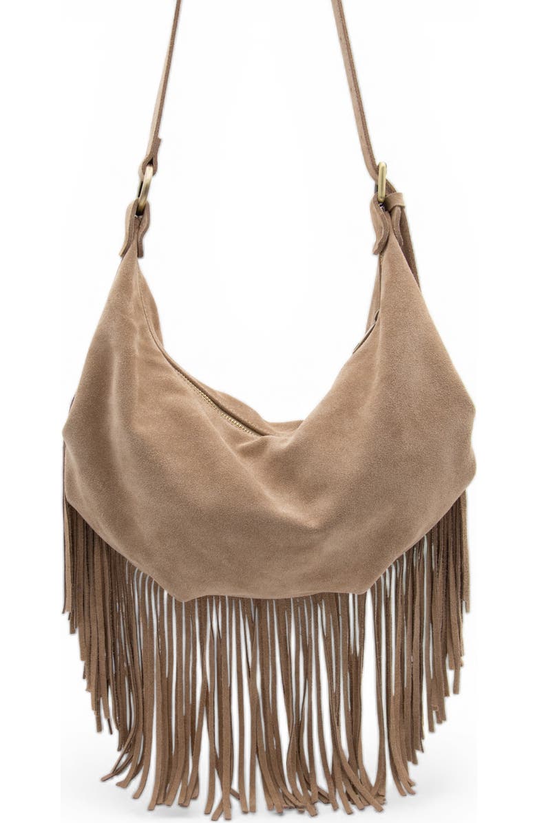 Bolsa Nova Dallas Suede Fringe Hobo, Main, color, Black