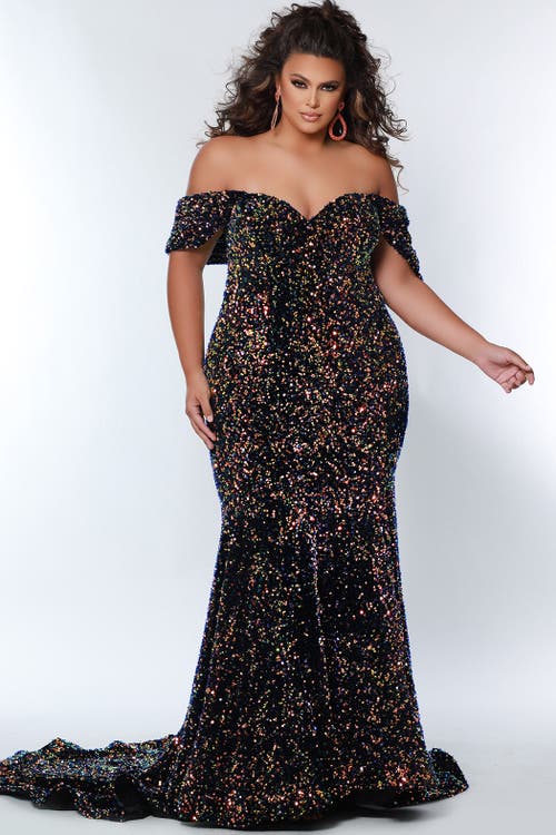 Johnathan Kayne for Sydney's Closet Off the Shoulder Plus Size Sequin Velvet Fitted Formal Gown in Supernova  product