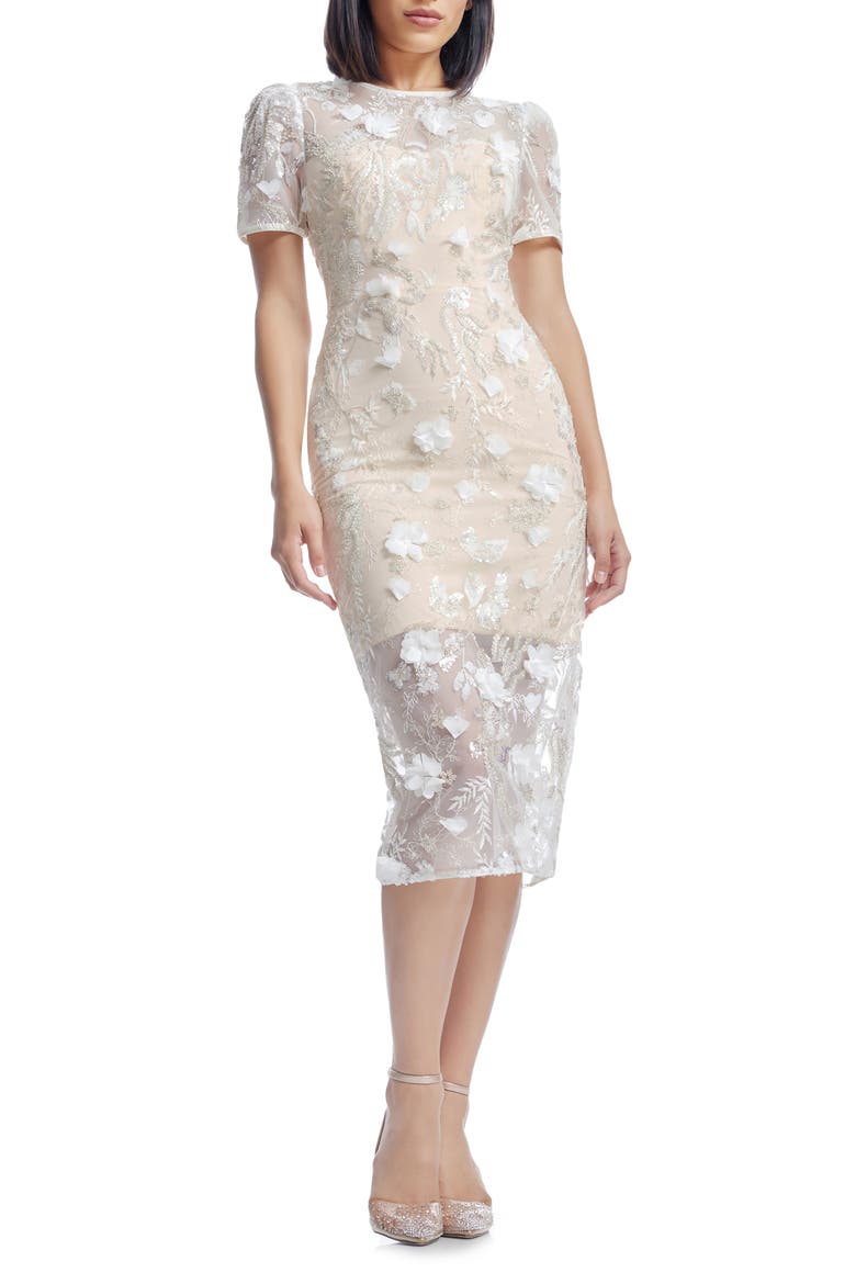 Lia Embellished Flower Appliqué Cocktail Sheath Dress, Main, color, OFF WHITE MULTI