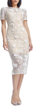 Dress the Population Lia Embellished Flower Appliqué Cocktail Sheath Dress