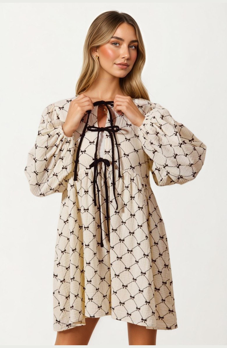 Knit and Lounge Bow Tie Front Soft Diamond Pattern Mini Dress, Main, color, 