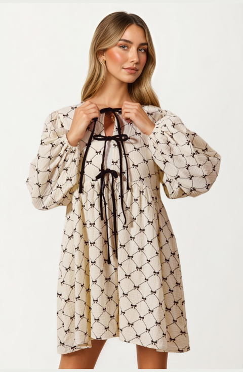 Bow Tie Front Soft Diamond Pattern Mini Dress