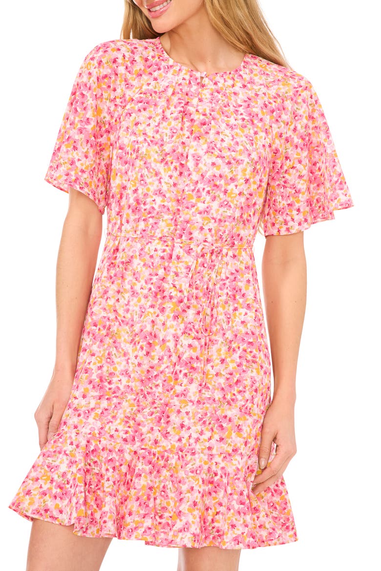 Floral Ruffle Hem Dress, Alternate, color, PINK/ NEW IVORY