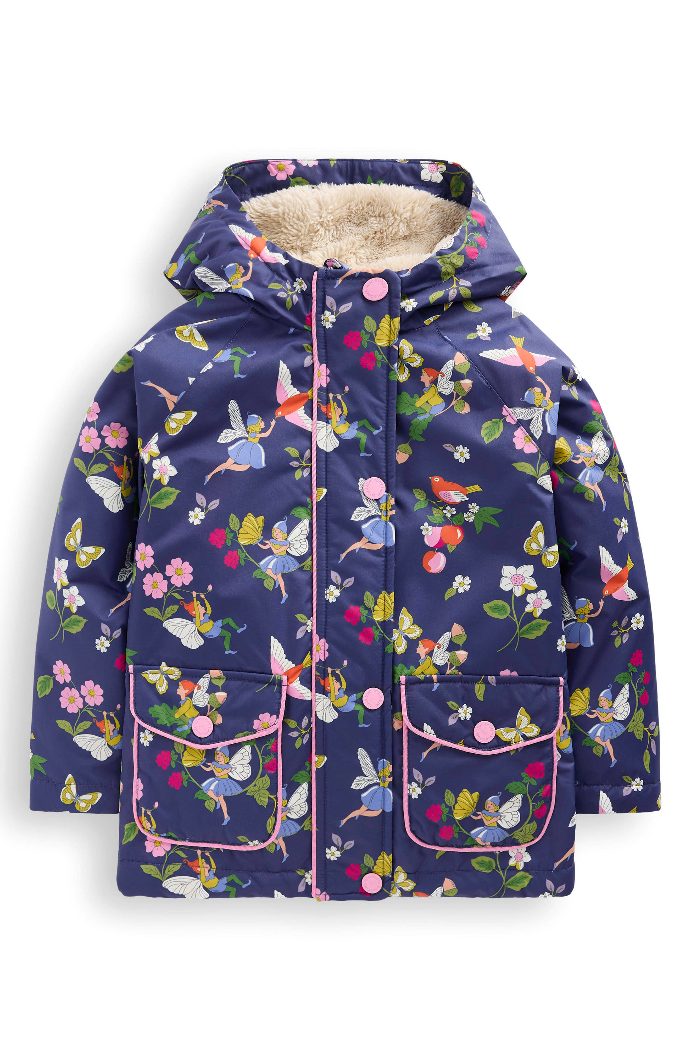 Mini Boden Kids' Graphic Hooded Coat in Navy Fairies 
