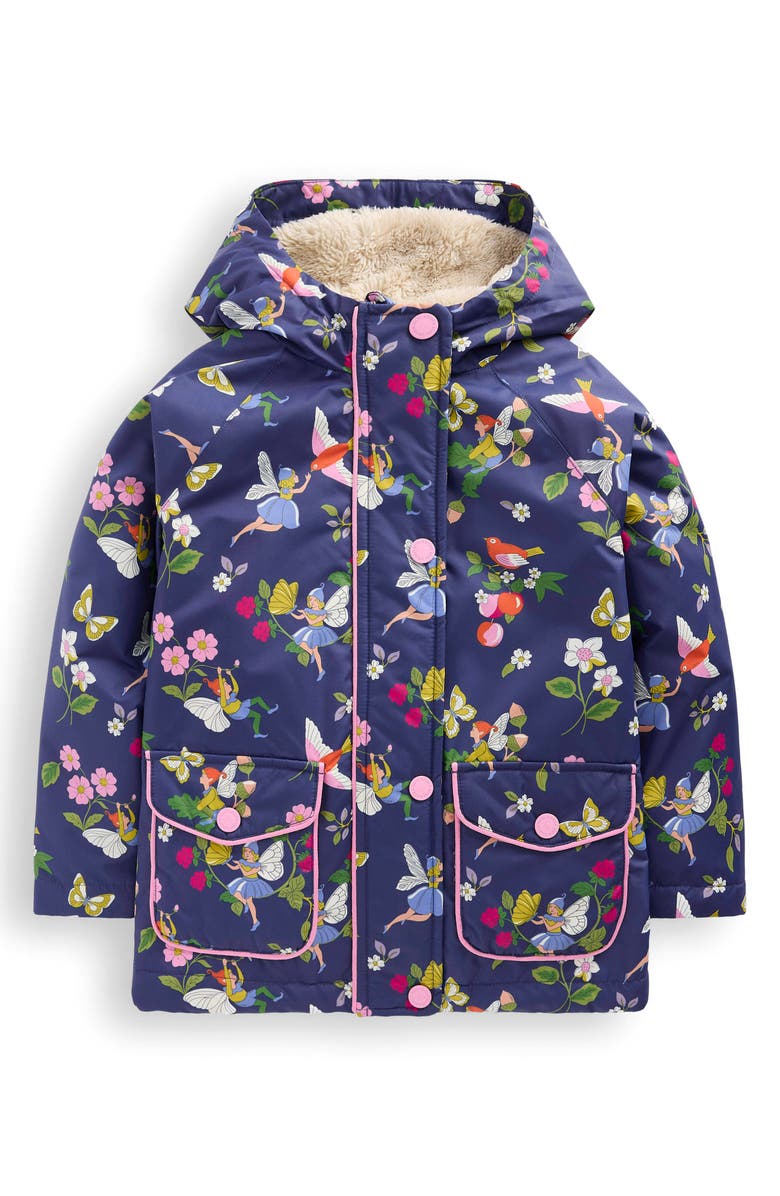 Mini Boden Kids' Graphic Hooded Coat, Main, color, Navy Fairies
