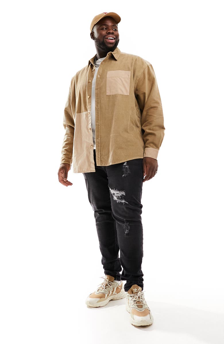 ASOS DESIGN '90s Oversize Mixed Media Cotton Corduroy Button-Up Shirt, Alternate, color, 