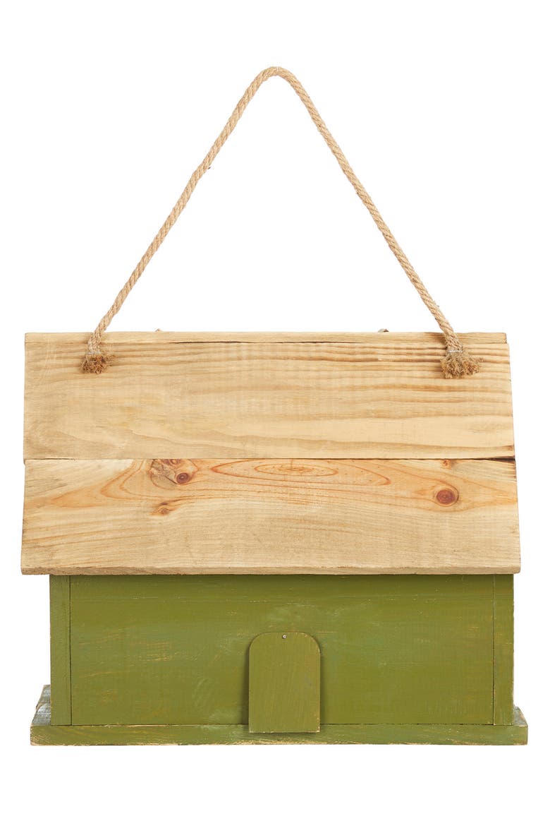 14.25"L Oversized Distressed Solid Wood Cottage Birdhouse with Natural Wood Roof, Alternate, color, Green