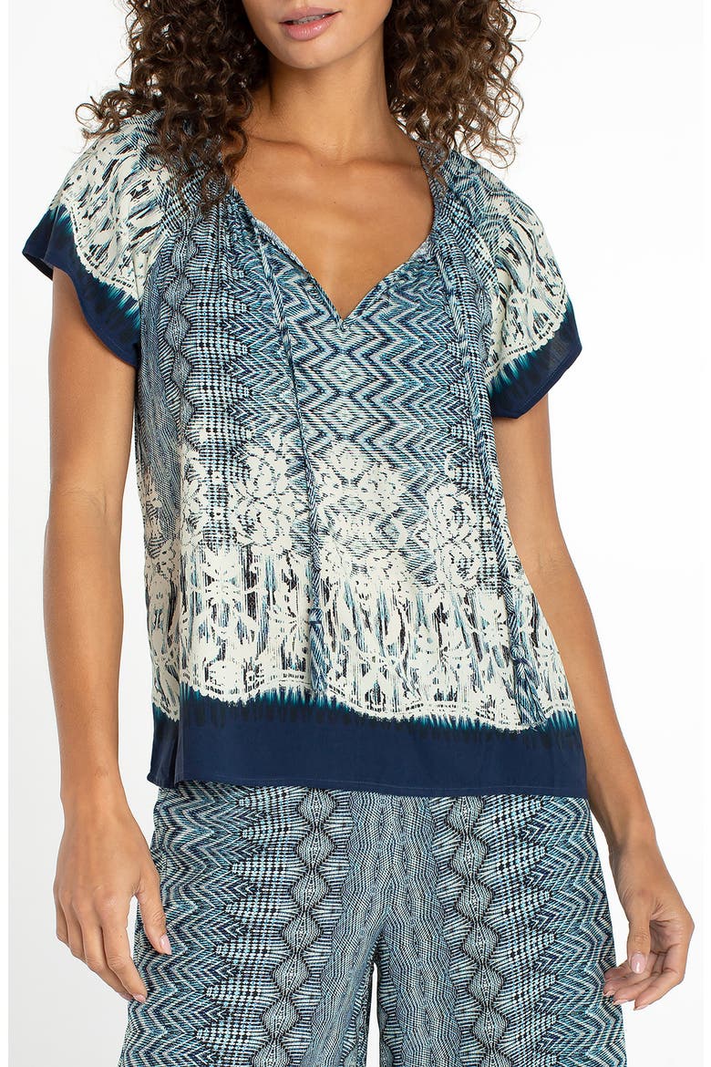 Print Tie Neck Top, Main, color, NOMAD IKAT PRINT