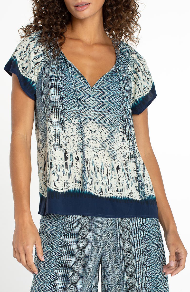 Liverpool Los Angeles Print Tie Neck Top, Main, color, Nomad Ikat Print