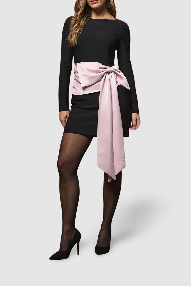 Satin Bow Long Sleeve Mini Dress, Alternate, color, Black