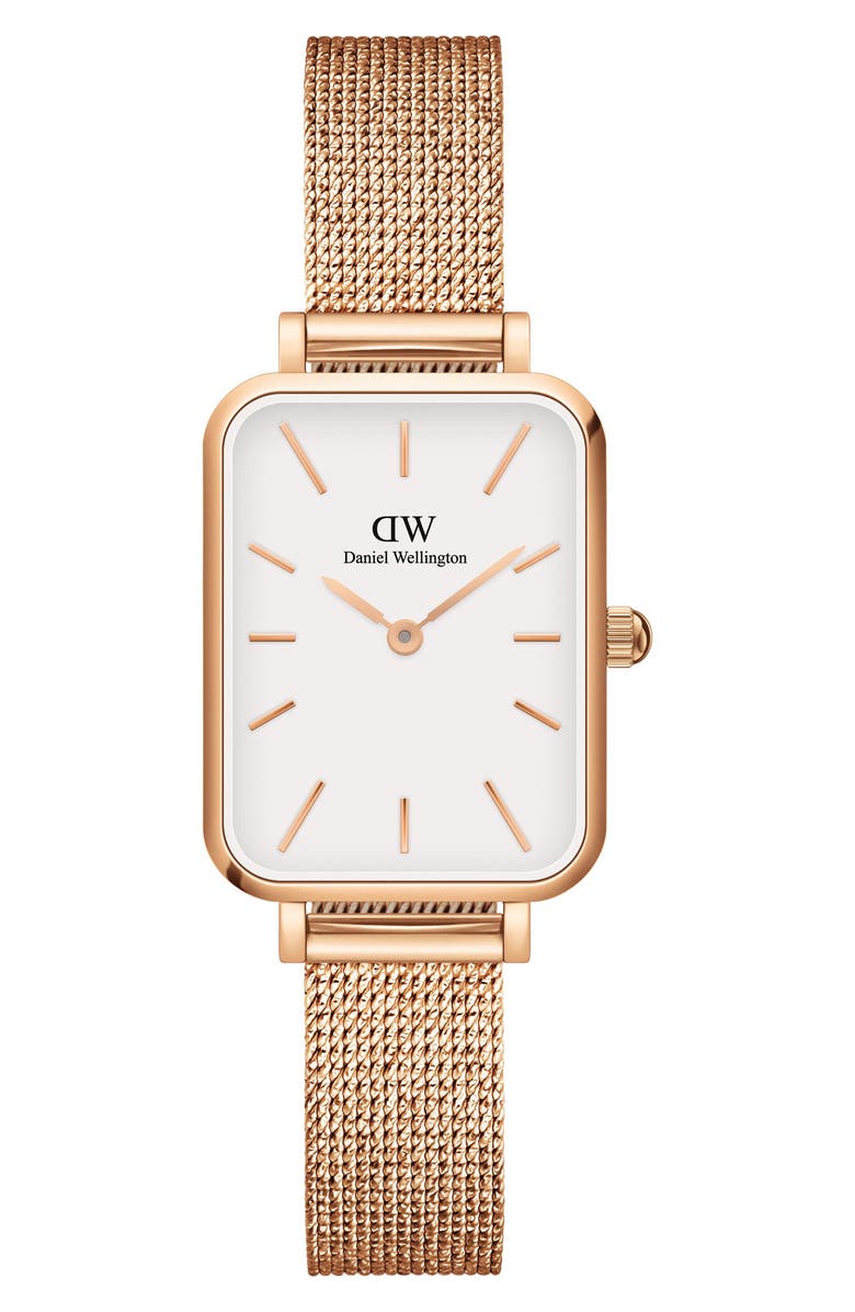 Daniel Wellington Quadro Melrose Mesh Strap Watch, 20mm x 26mm, Main, color, Rose Gold/White
