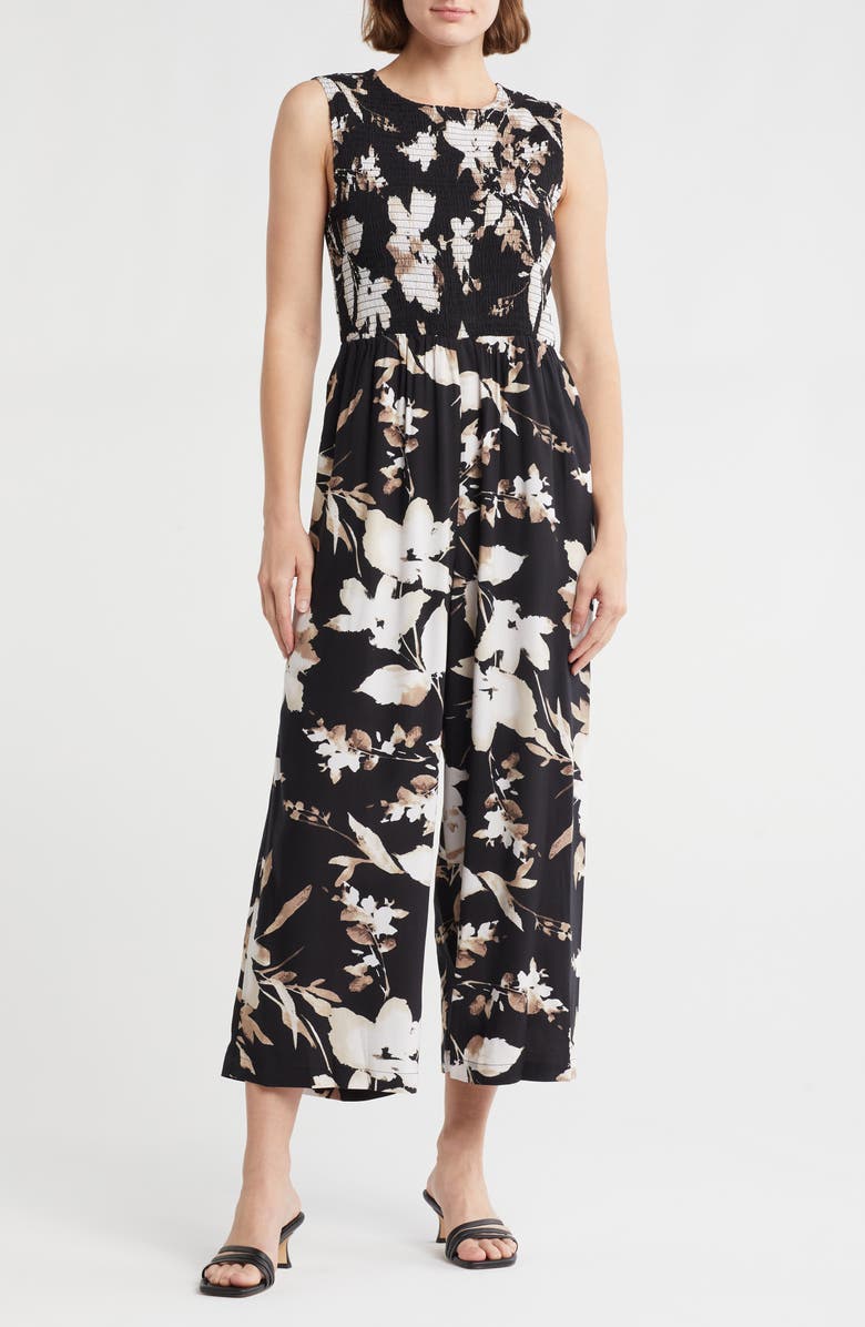 Calvin Klein Floral Sleeveless Smocked Wide Leg Jumpsuit, Main, color, Black Multi