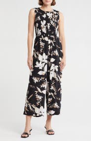 Calvin Klein Floral Sleeveless Smocked Wide Leg Jumpsuit
