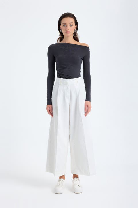 Cyra Cotton Linen Blend Cropped Wide Leg Trousers