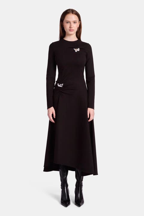 Double Pinch A-Line Jersey Dress with Brooches