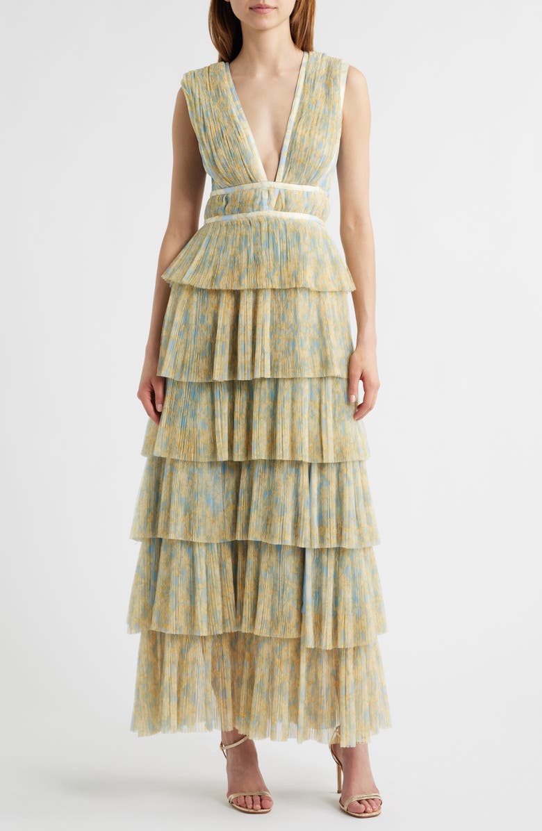 Hutch Plunge Neck Tiered Tulle Dress, Main, color, Sky Floral