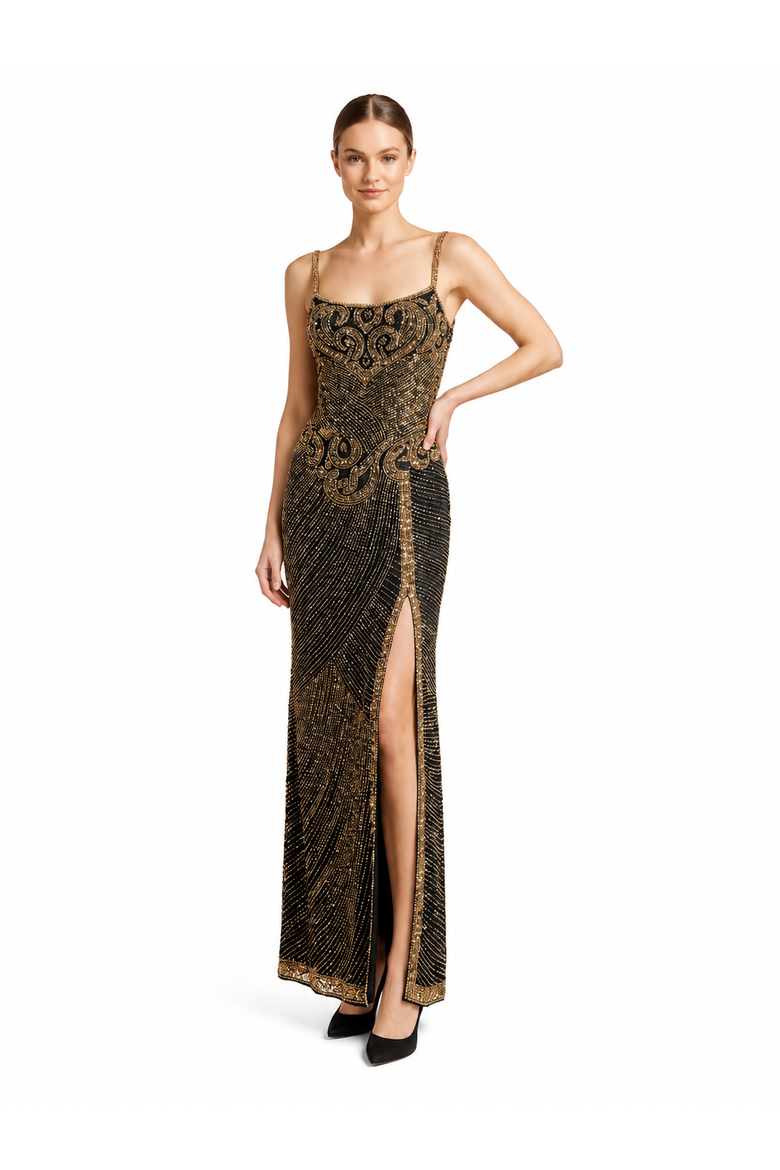 Spaghetti Strap Beaded Gown with Slit, Alternate, color, Black