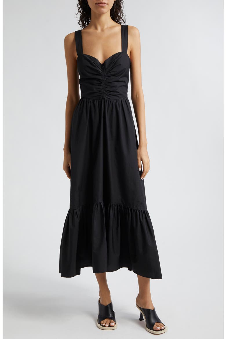 Lilah Ruched Ruffle Hem Maxi Dress, Main, color, BLACK