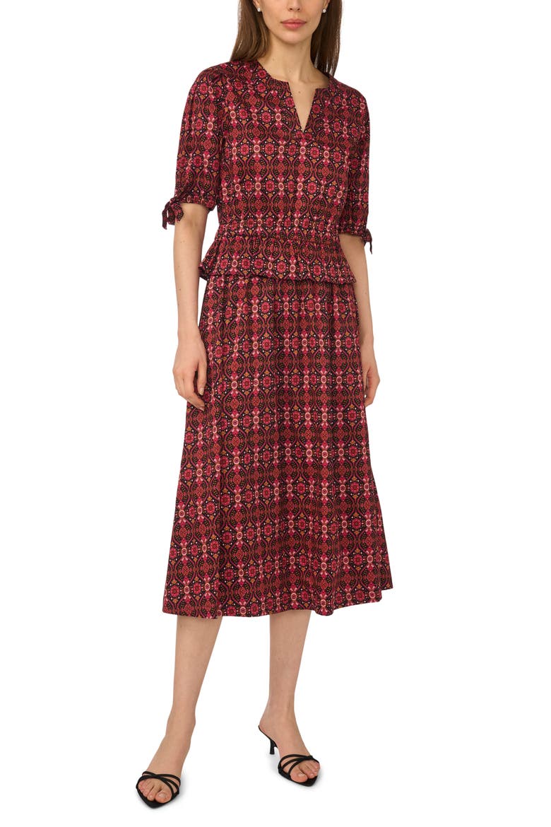 Print Stretch Cotton Midi Skirt, Alternate, color, RICH BLACK/ BURGUNDY