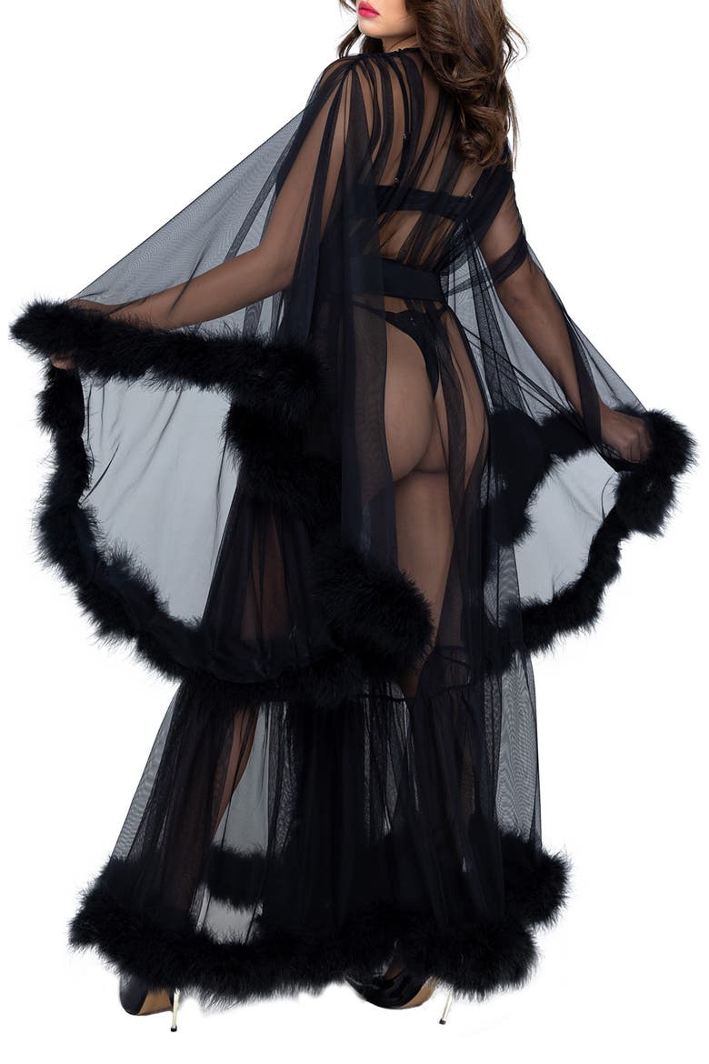 Hollywood Glam Feather Trim Mesh Robe, Alternate, color, BLACK