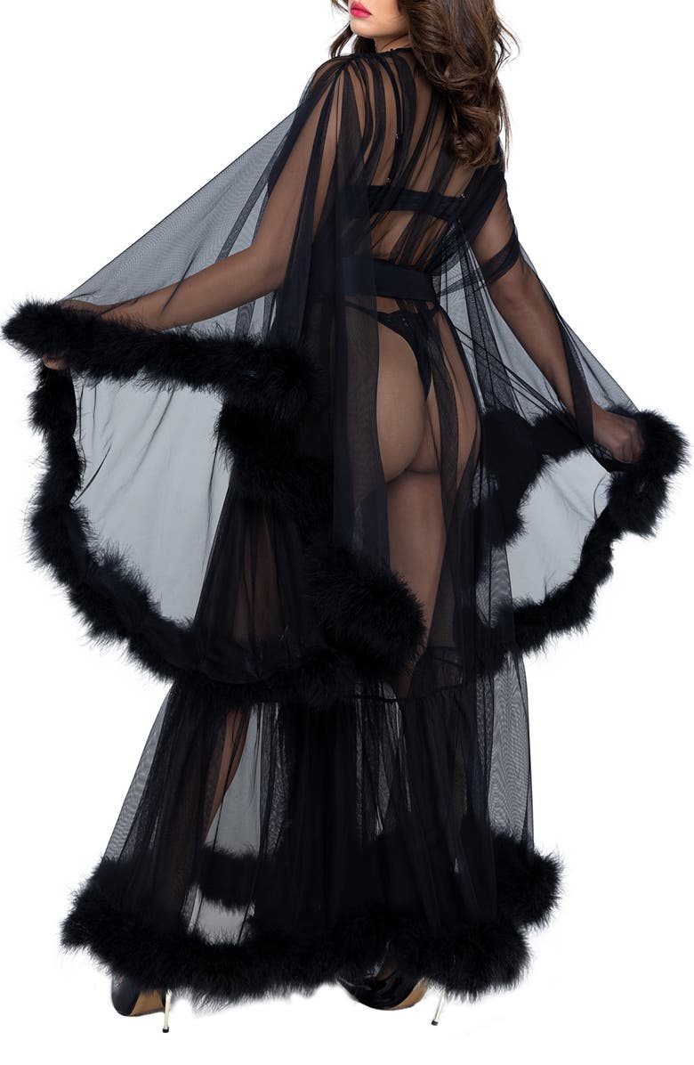 Roma Confidential Hollywood Glam Feather Trim Mesh Robe, Alternate, color, Black