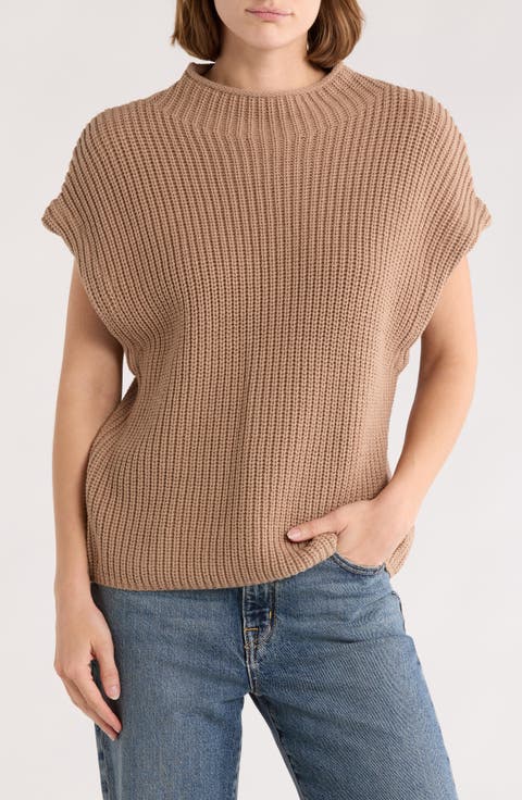 Mock Neck Cap Sleeve Cotton Blend Sweater