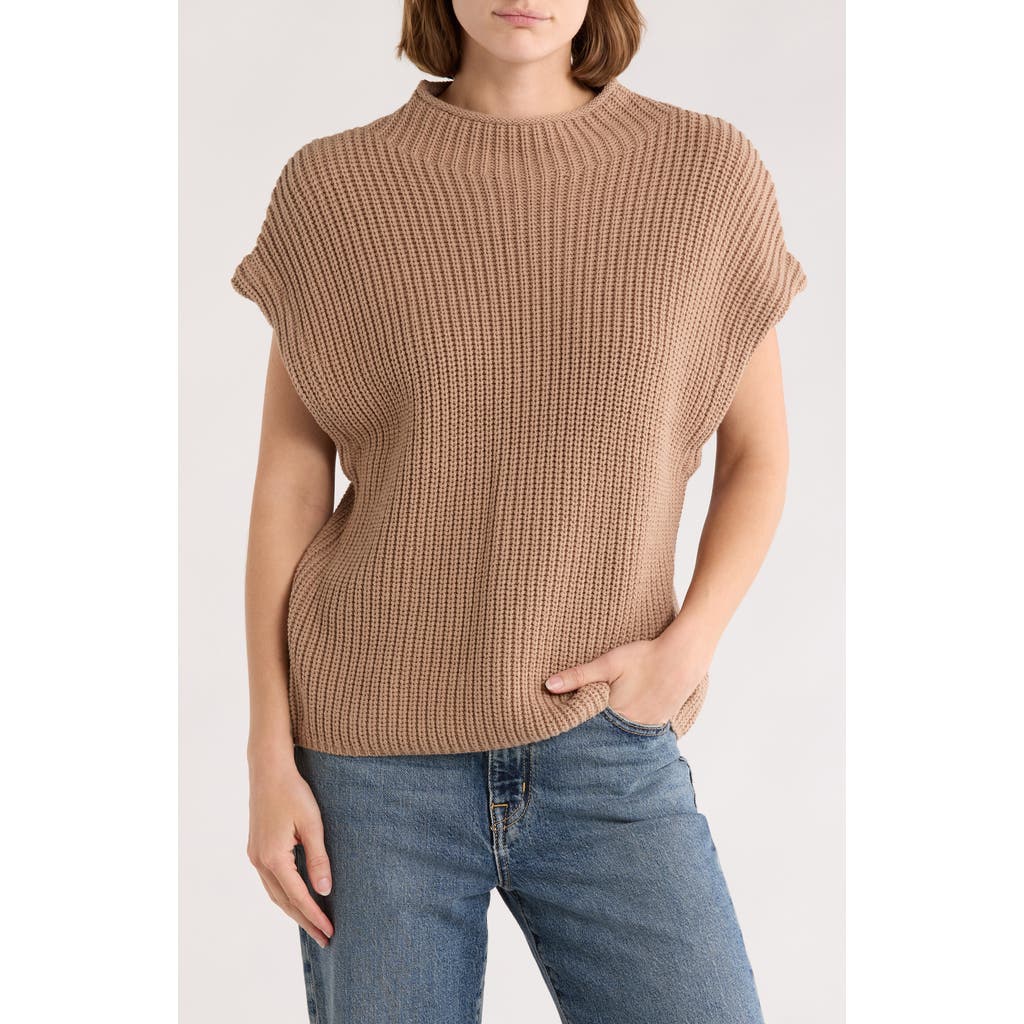 Leith Mock Neck Cap Sleeve Cotton Blend Sweater In Brown