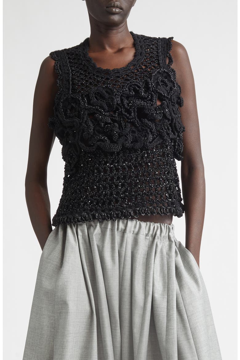 Crop Crochet Flower Mesh Tank, Main, color, BLACK