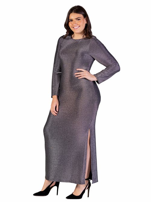 24seven Comfort Apparel Fitted Long Sleeve Shimmery Fabric Side Slit Maxi Dress In Silver