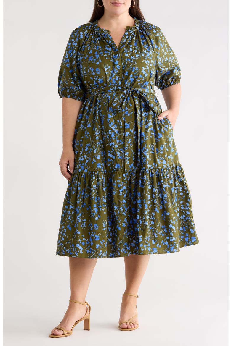Solvay Floral Wynette Cotton Tiered Midi Shirtdress, Main, color, GREEN-BLUE-MULTI