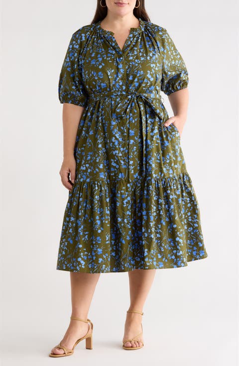 Solvay Floral Wynette Cotton Tiered Midi Shirtdress (Plus)