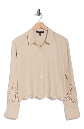Ellen Tracy Eyelet Inset Button-up Shirt In Linen